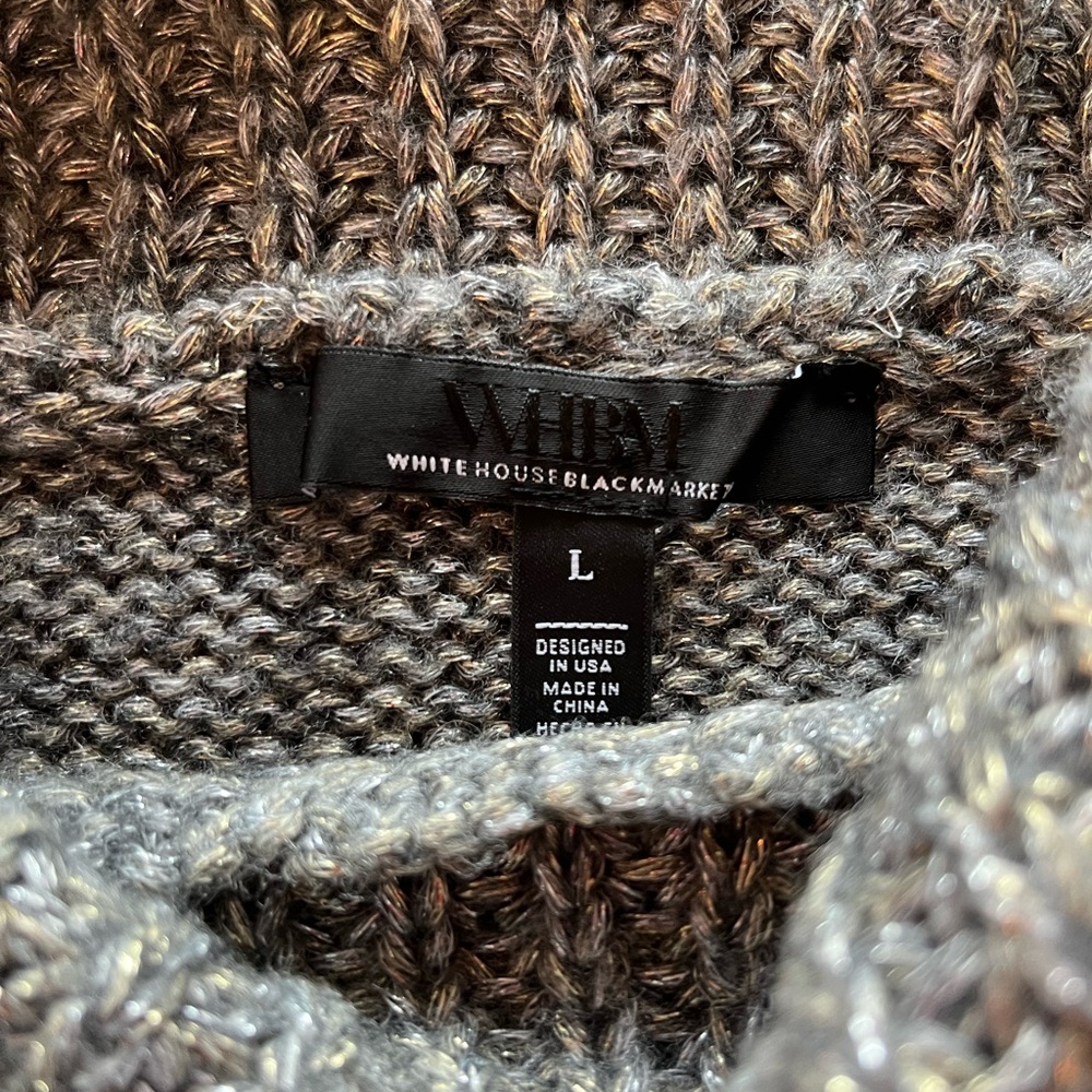White House Black Market Silver Shiny Charcoal Off-Shoulder Zippered Sweater - Picture 7 of 9
